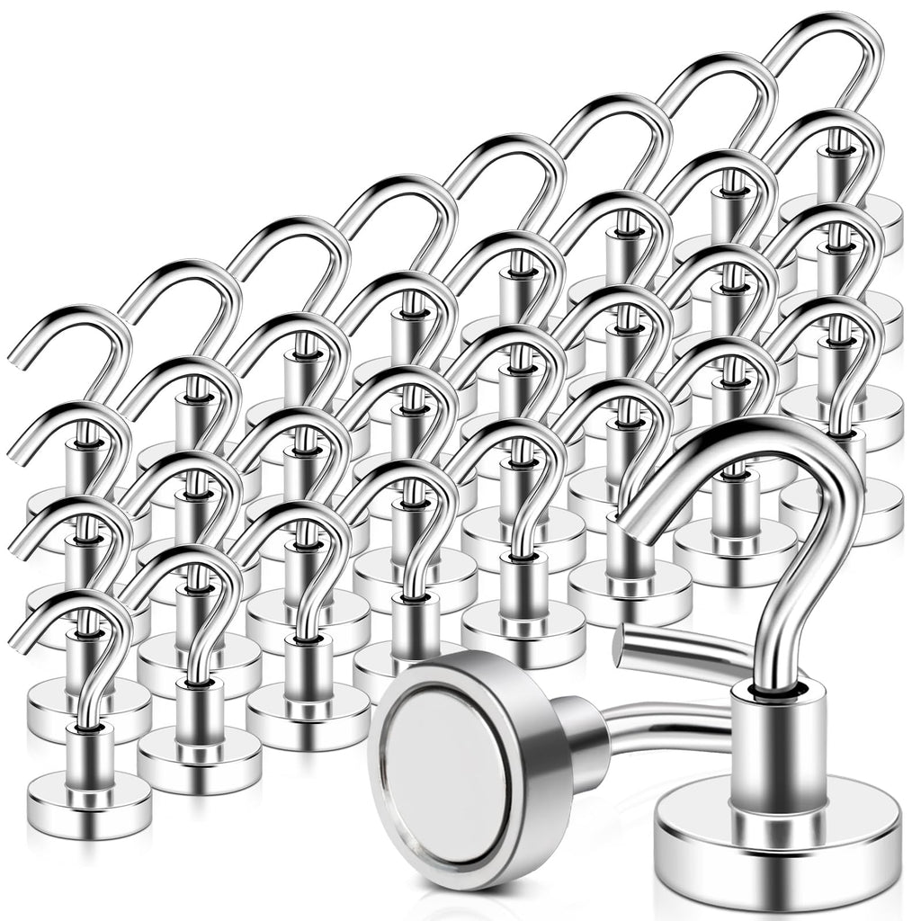 MAGXCENE 32 Pack Magnetic Hooks Heavy Duty, 25 lbs Strong Magnet Hooks for Cruise Refrigerator, Neodymium Magnets with Hooks for Grill Hanging Kitchen Tool Storage
