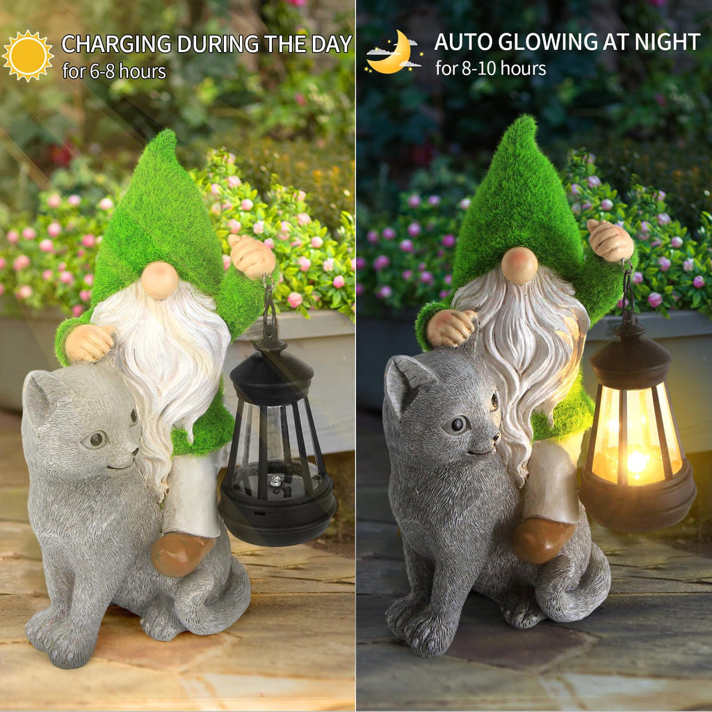 Garden Cat Gnome Decorations for Yard with Solar Lights,Resin Flocked Gnome