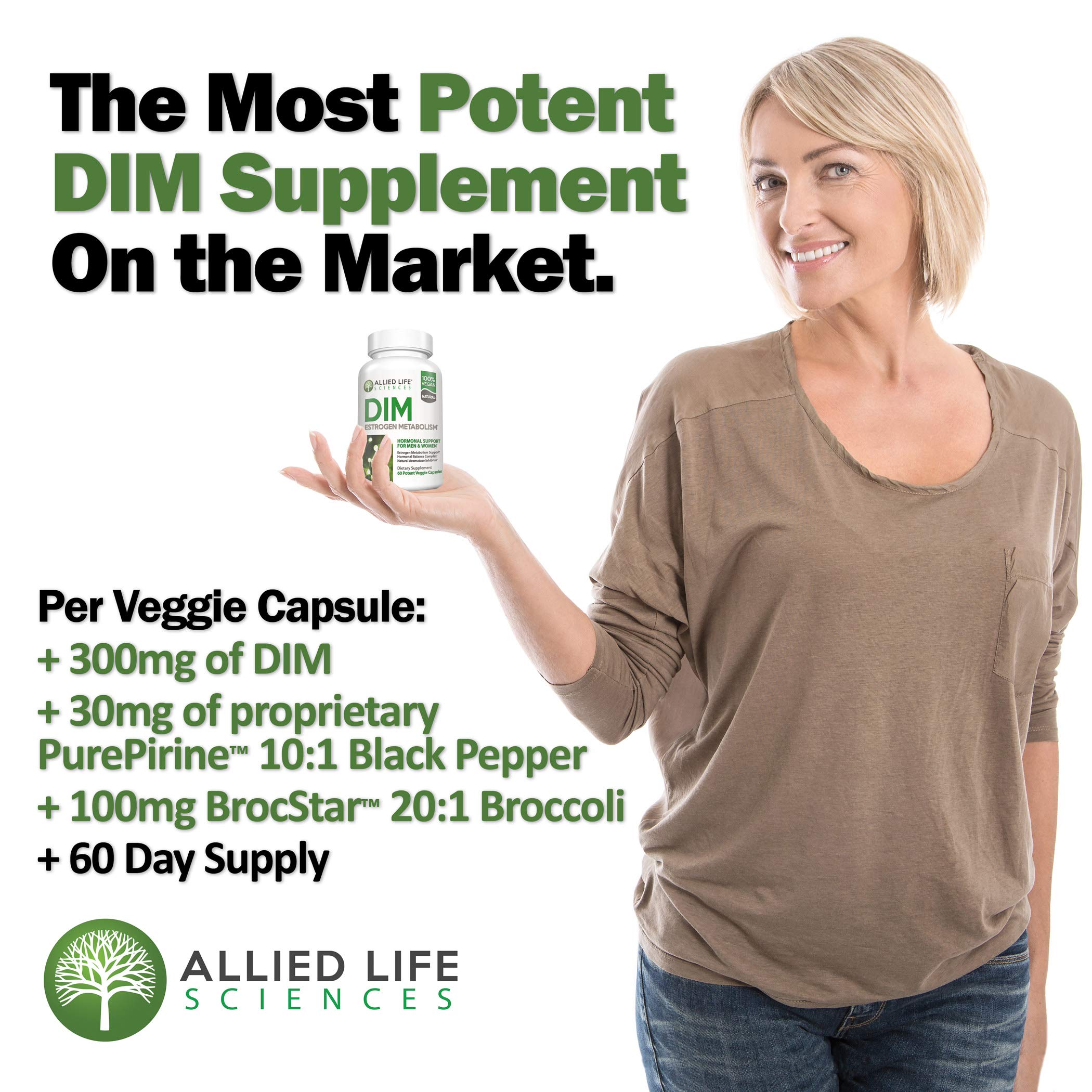 Allied Life Sciences DIM Supplement, 300 mg Diindolylmethane Plus Broccoli Seeds Extract Pills, Vegan Non-GMO, 60 Capsules | Made in The USA