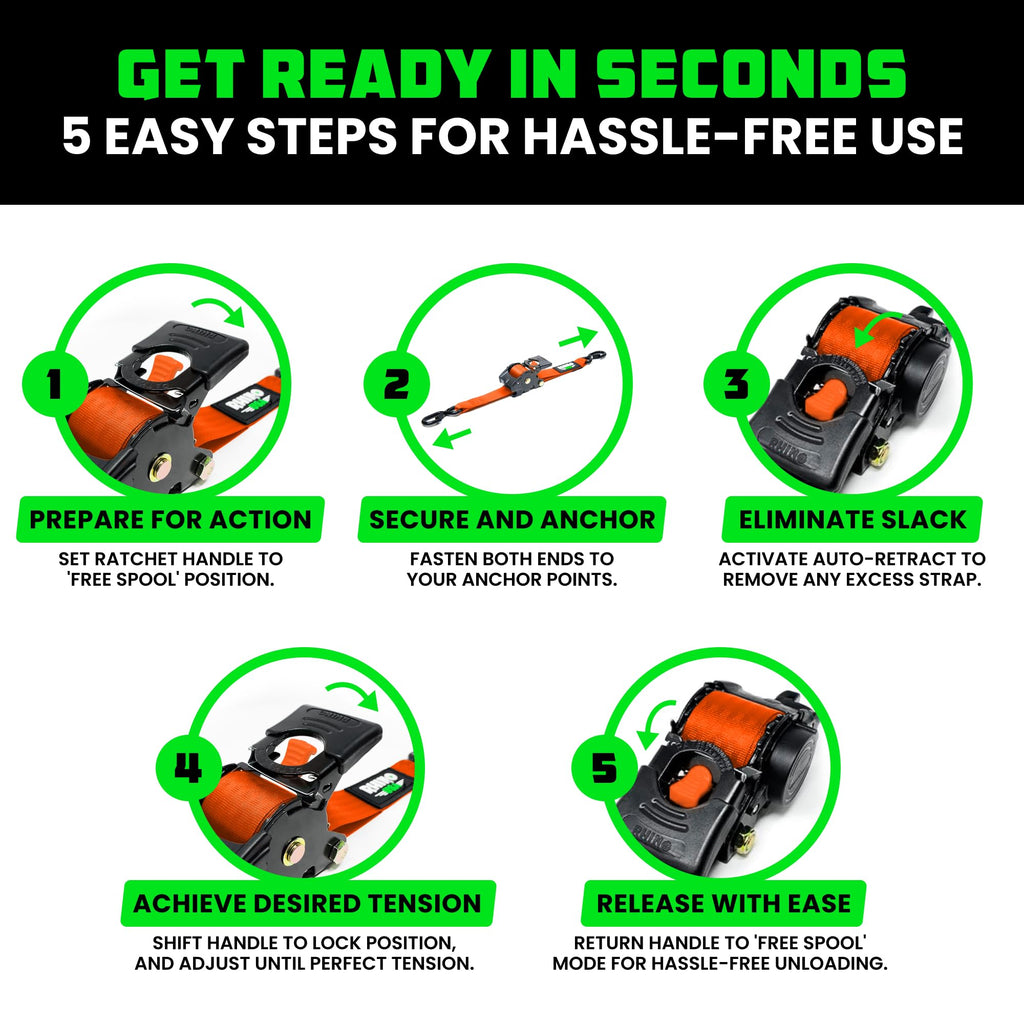 Rhino USA Retractable Ratchet Straps (4-Pack) - 2 Inch x 10 Feet (3,033lb Break Strength) - Heavy Duty Auto Self Retracting Tie Down Straps for Truck, Cargo Trailer, Motorcycle, Rad & More - Orange