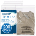Spartan Industrial - 10” X 13” (200 Count) Self Seal Clear Poly Bags with Suffocation Warning for Packaging, T Shirts - Permanent Adhesive