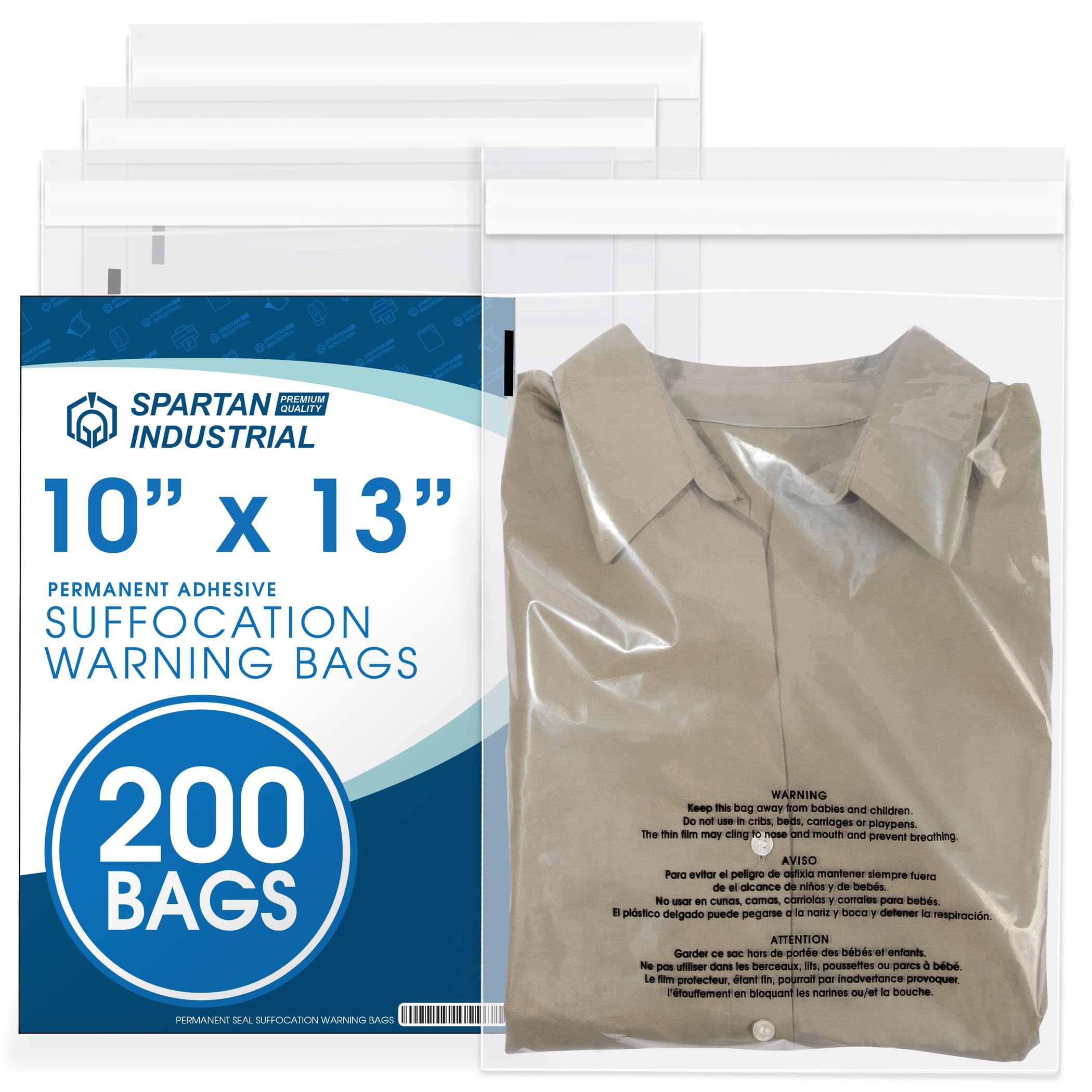 Spartan Industrial - 10” X 13” (200 Count) Self Seal Clear Poly Bags with Suffocation Warning for Packaging, T Shirts - Permanent Adhesive