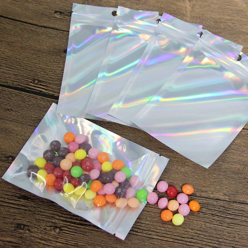 EgticLive 100 Pack Resealable Holographic Bags for Small Business, Iridescent Mylar Bags with Clear Front Smell Proof Foil Packing Pouches for Multipurpose Storage (6.3 X 9.5 inches)