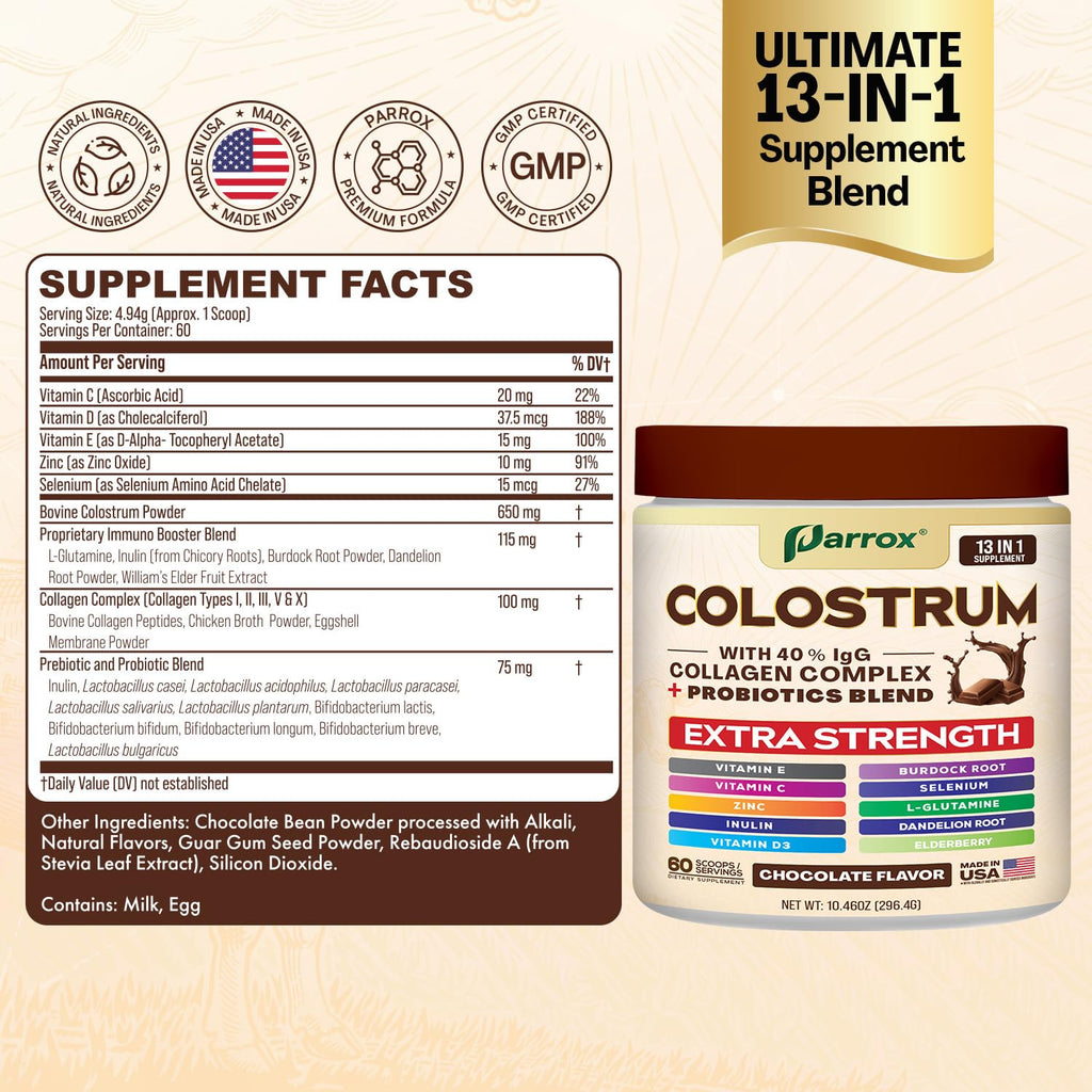 Colostrum Powder 40% IgG with Collagen, Probiotics, Chocolate, 60 Servings