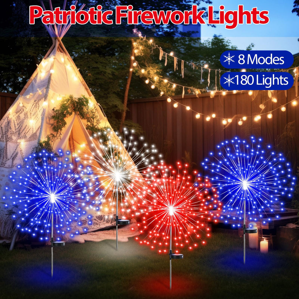 Tujoe 9 Pcs 4th of July Solar Firework Stake Lights 180 LED 8 Modes Solar Waterproof LED Sparkler Lights Outdoor Patriotic Decoration for Memorial Independence Day Garden Patio Yard (Red, Blue, White)
