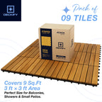 DECKIFY 9Pcs Premium Acacia Wood Interlocking Patio Deck Tiles, 12 x 12 x 0.9 Inch Outdoor Flooring, Waterproof for All-Weather Use – Striped, Golden Teak