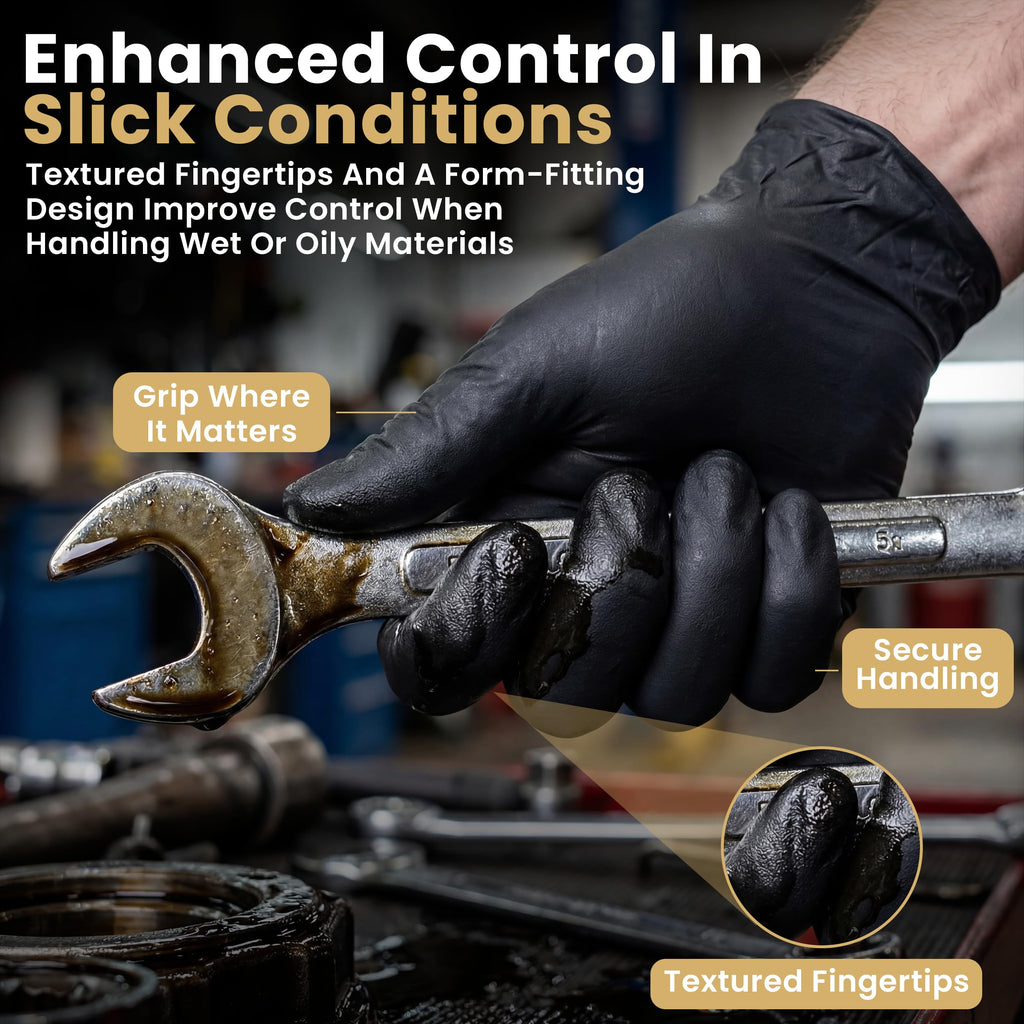 FifthPulse 6 Mil Black Nitrile Gloves Medium, 200 Count Heavy-Duty Disposable Gloves for Mechanics, Food Prep, and Medical Use - Powder-Free, Latex-Free, Extra Thick & Puncture-Resistant Rubber Glove