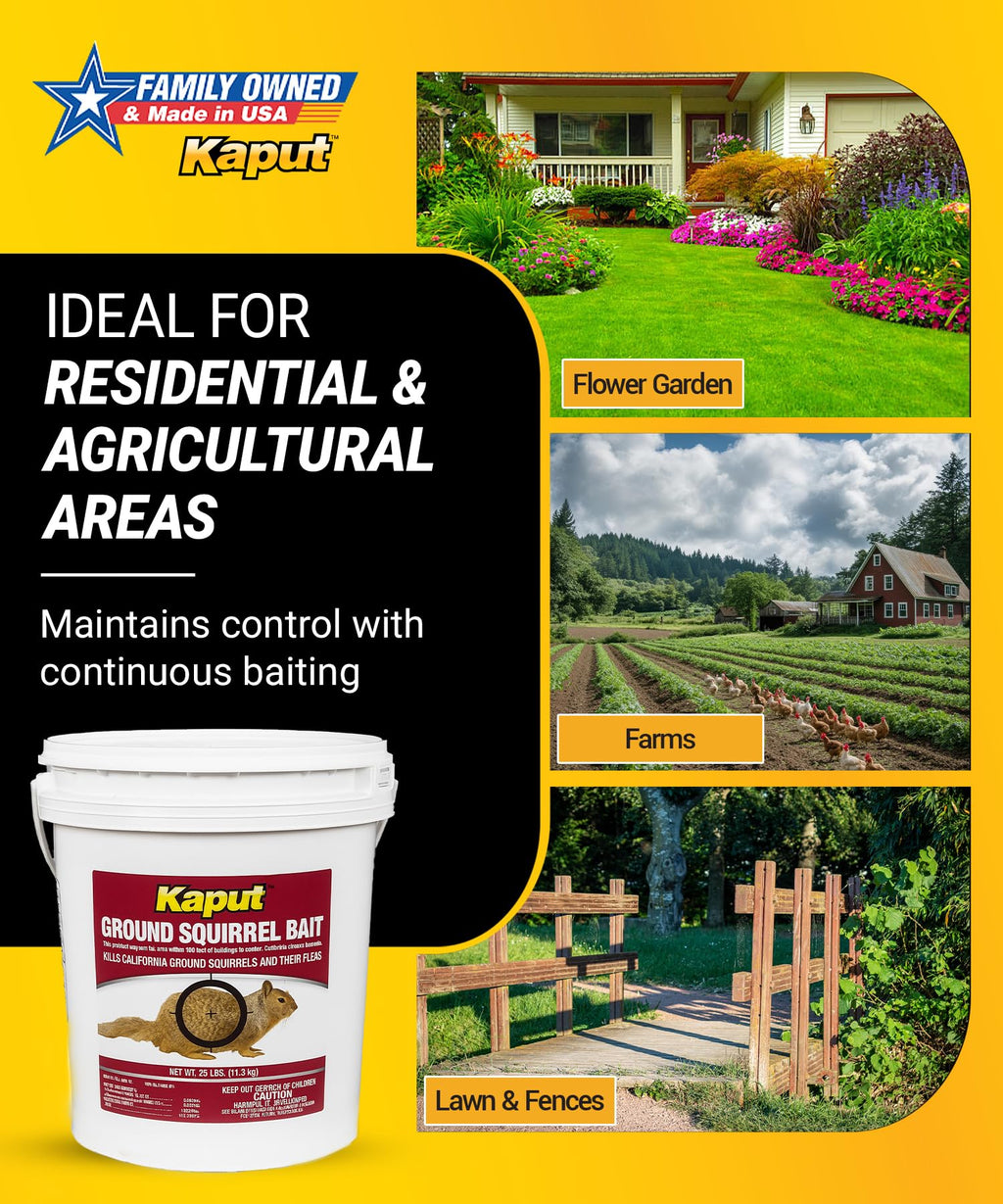 Kaput Ground Squirrel Bait - Effective Fleas & Squirrel Killer with Diphacinone & Imidacloprid - Targeted Pest Control for Outdoor Use, (25 lbs)
