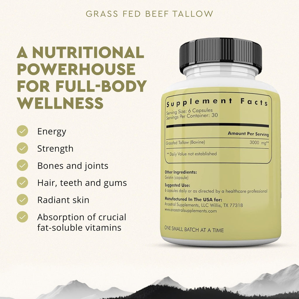 Ancestral Supplements Grass Fed Beef Tallow Capsules, 3000mg, Nourishing Kidney Fat Supplement Supports Bones, Teeth, Gums, Skin, Immune and Overall Health, Non-GMO, 180 Capsules