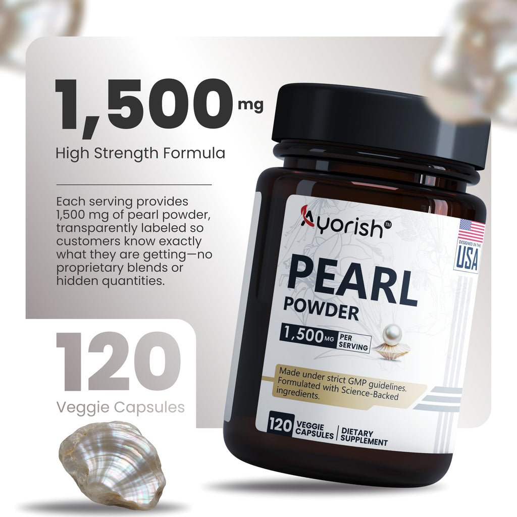 Ayorish Pearl Powder Capsules 1500mg | Organic Pure Levigated Pearl Powder Supplement to Support Skin, Eyes, Nails, Beauty | Natural Freshwater Pearl Capsules | 120 Veggie Caps | Clean Herbal Extract