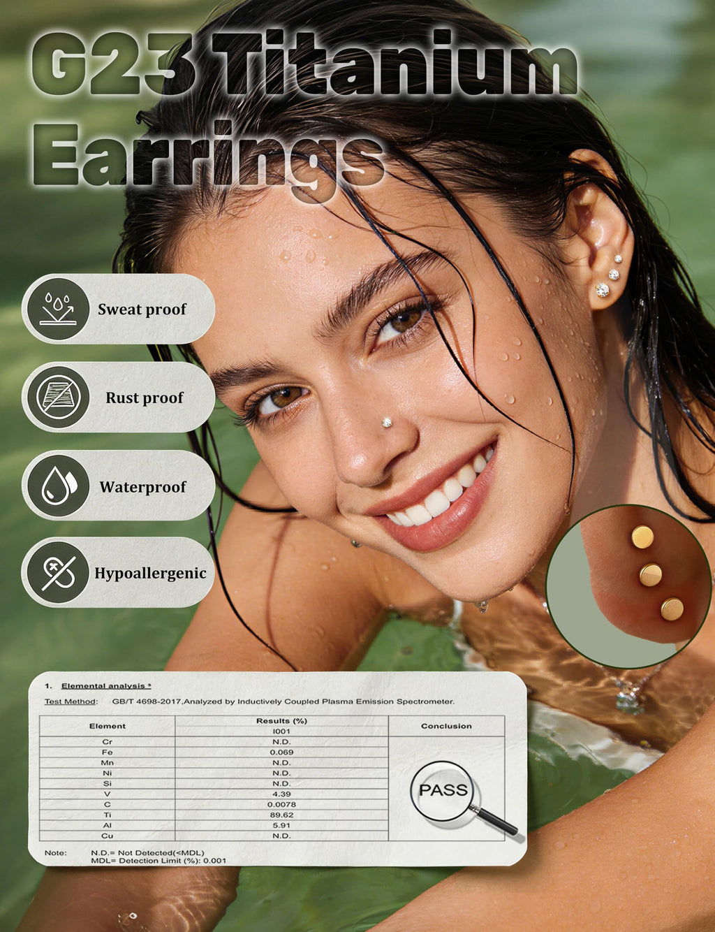 GEMQUEEN 8 PCS Moissanite ＆ G23 Titanium Flat Back Earrings Hypoallergenic