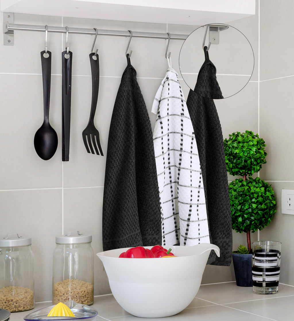 Kitchen Towels 12 Pack 15x25 Inch 100% Cotton Popcorn Terry, Black