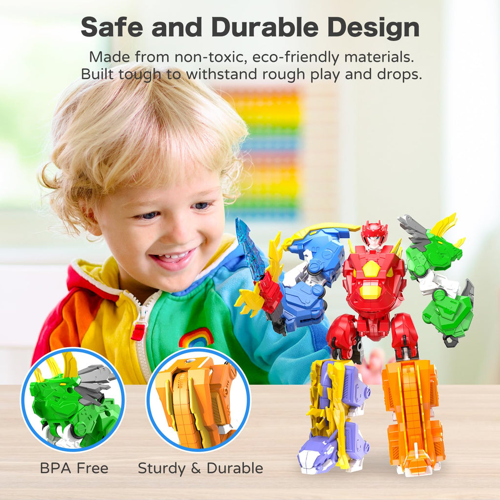 RISUNTOY 6+ Kids 5-in-1 Dinosaur Transforming Robot Toy - Safe, Durable, Easy Assembly | Educational Gift for Boys & Girls - Build & Combine into Mega Robot with Weapon