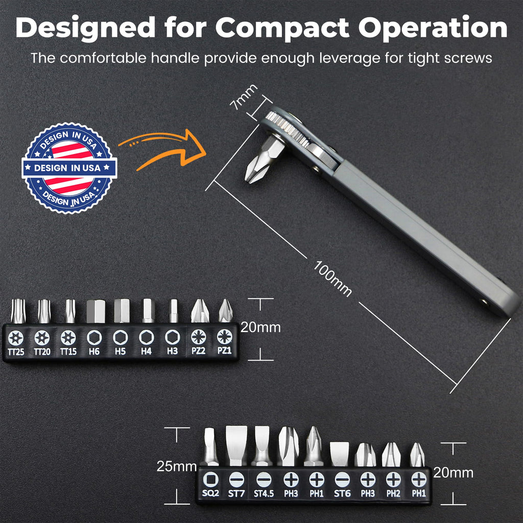 MULWARK 20pc 1/4 Ultra Low Profile Mini Ratchet Wrench Close Quarters Screwdriver Set with High Torque - Right Angle EDC Tool with 90 Degree Mini Offset Reversible Drive Handle & Multi Hex Bits Set