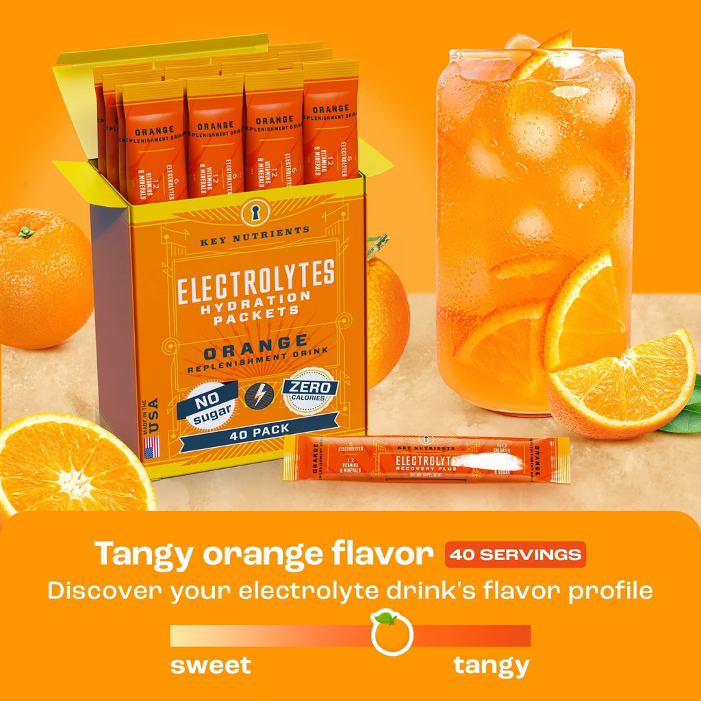 KEY NUTRIENTS Electrolytes Powder Packets - Tangy Orange 40 Pack Hydration Packets - Travel Hydration Powder - No Sugar, No Calories, Gluten Free - Made in USA