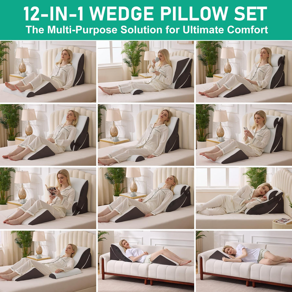 Bambulex 4PCS Wedge Pillow Set for After Surgery, Orthopedic Bed Wedge Pillow for Back Pain Relief, Sitting Up in Bed, Acid Reflux, Adjustable Post Surgery Pillows for GERD, Snoring, White/Grey