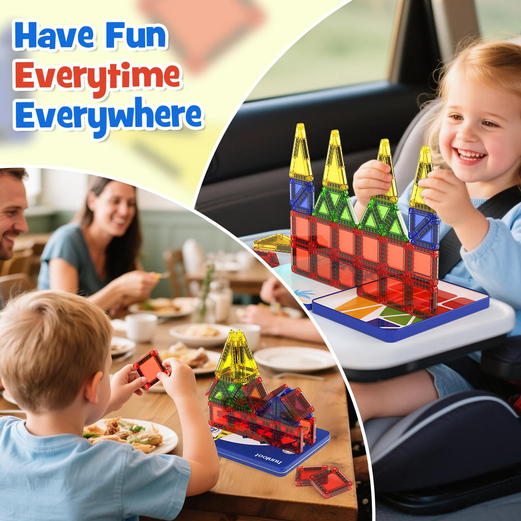 hunloot Magnetic Tiles Mini Building Blocks STEM Toys for 3-8 Year Olds,Travel-Friendly Set with Storage Iron Box,Educational Construction Playset for Toddlers,Birthday Gift for Boys & Girls