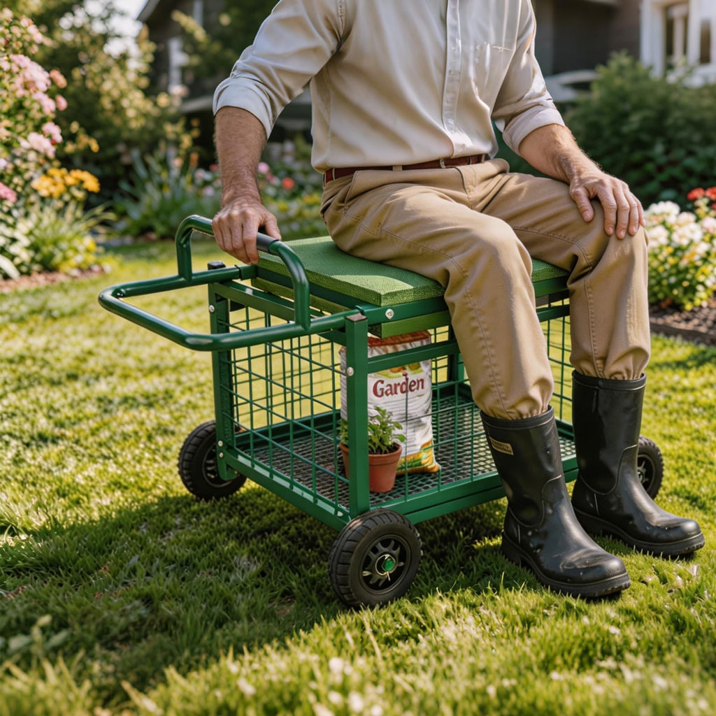 Extra-Large Rolling Garden Cart and Kneeler, 4-in-1 Garden Seat with Wheels