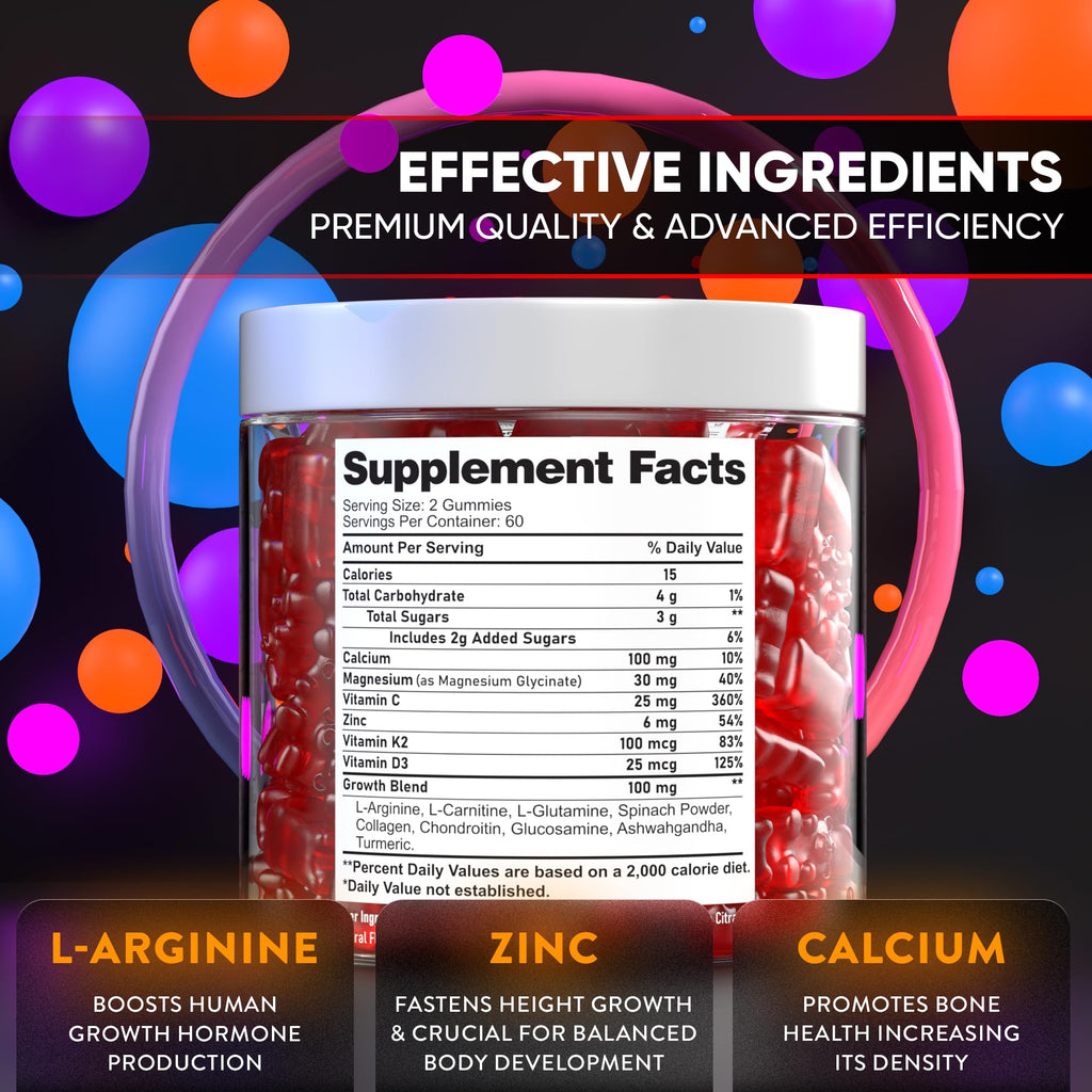 BIOTEQUELAB Height Growth Increase Gummies Vitamins, Grow Tall Supplement, Calcium, Magnesium, Zinc, Ashwagandha, Glucosamine Multivitamin for Teens, Kids, 120 Gummies