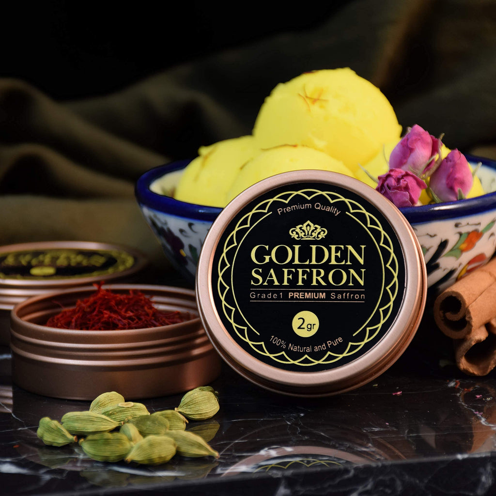 Golden Saffron, Finest Pure Premium All Red Saffron Threads, Grade A+ Super Negin, Non-GMO Verified. For Tea, Paella, Rice, Desserts, Golden Milk and Risotto (2.0 Grams)