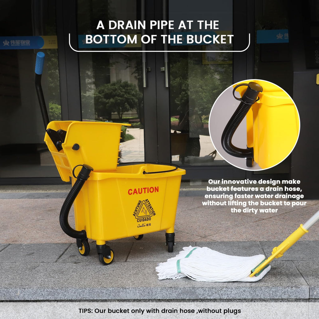 35Qt Commercial Mop Bucket with Side Press Wringer on Wheels and Drain Hose
