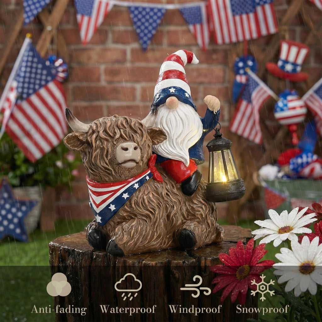 TERESA'S COLLECTIONS 4th of July Highland Cow Gnome Decorations with Solar Lantern, Memorial Day Resin Garden Yak Figurine for Home, Patriotic Independence Day USA 250th Anniversary Outdoor Decor 10"