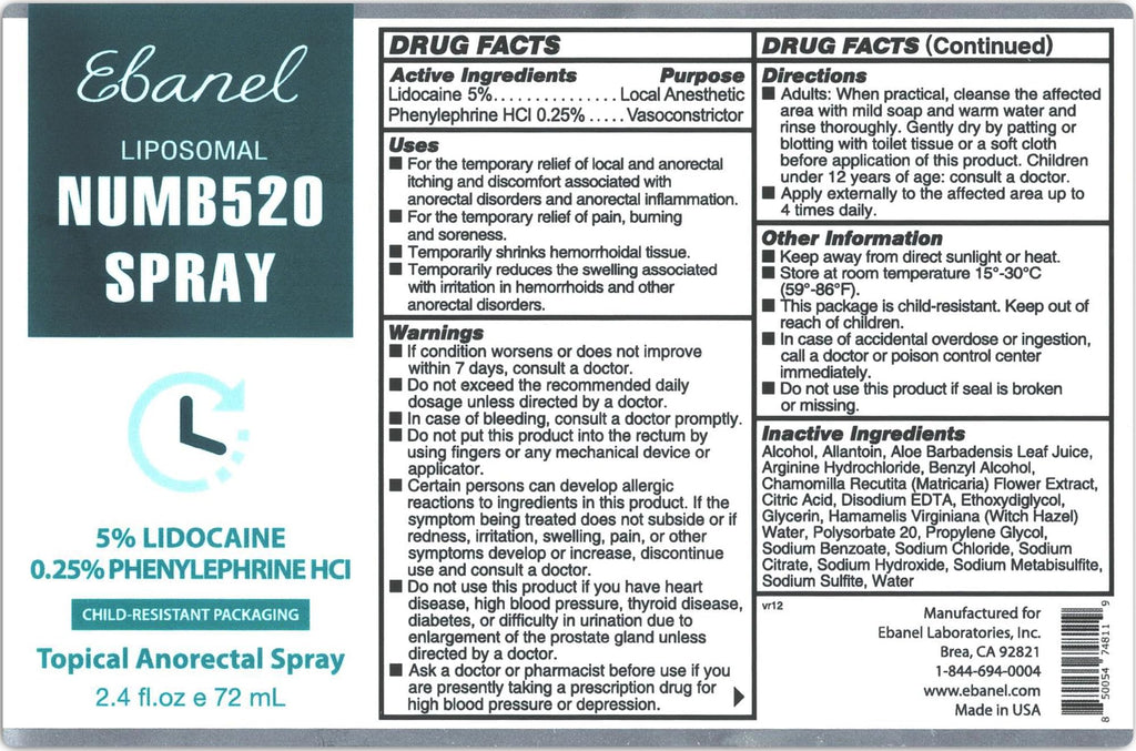 Ebanel 6-Pack 5% Lidocaine Spray Pain Relief Numb520 Burn Itch Relief Numbing Spray for Skin, Topical Anesthetic Postpartum Hemorrhoid Treatment with Phenylephrine for Local and Anorectal Uses
