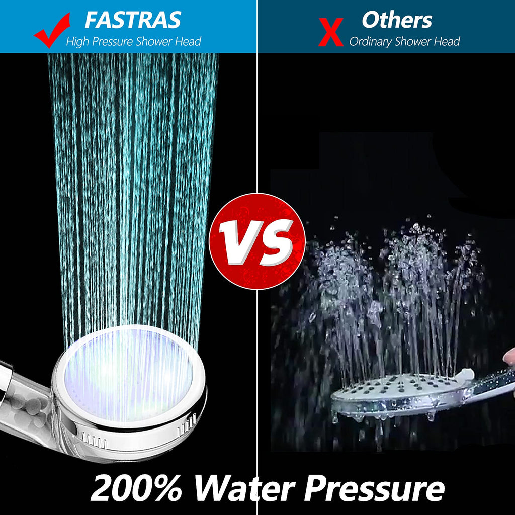 FASTRAS LED Shower Head with Handheld, Shower Head High Pressure Shower Head with Hose, Holder & PTFE Tape etc, 3 Water Temperature-Controlled Water Saving Filtered Shower Head for Dry Hair& Skin