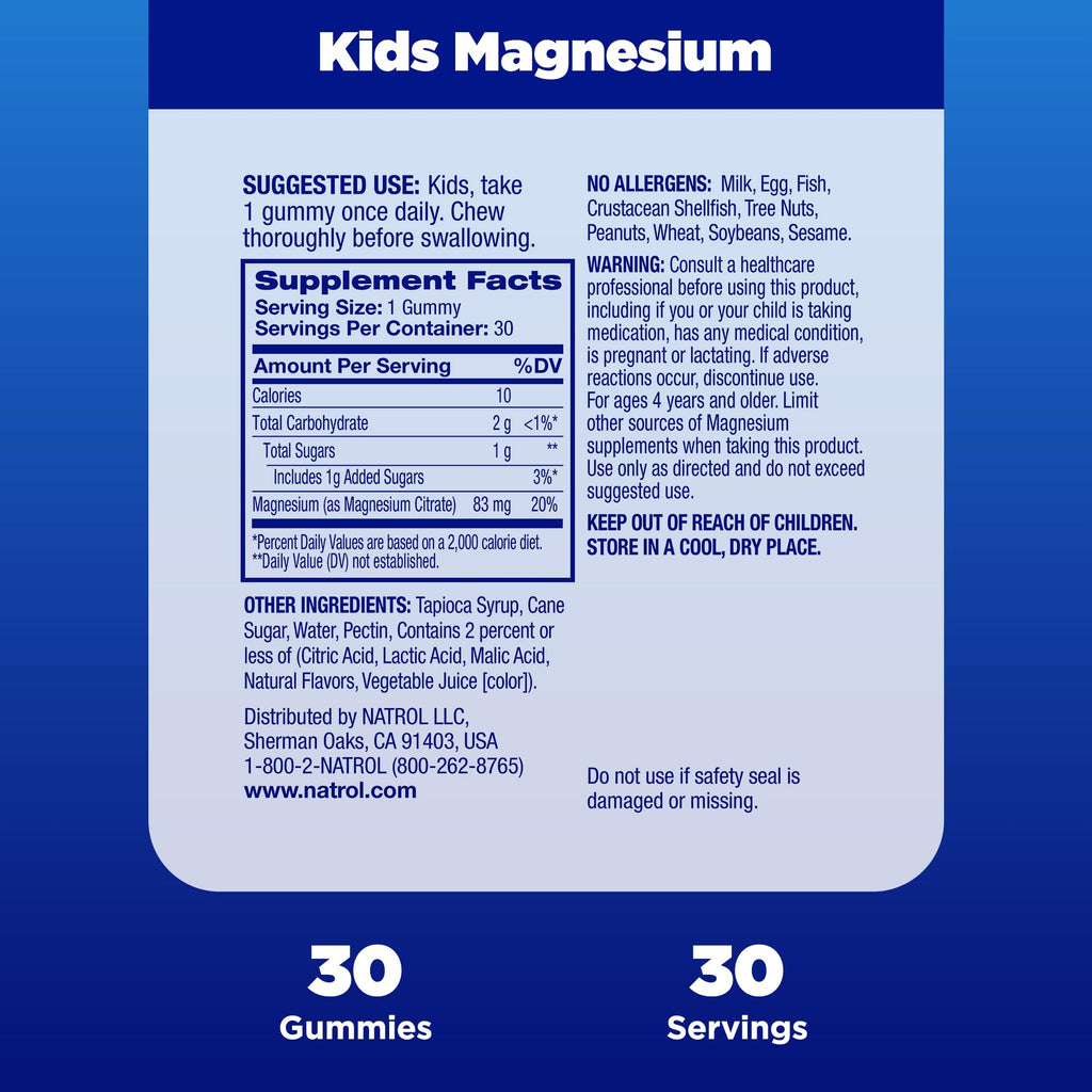 Natrol Kids Magnesium Citrate Gummies, Gently Calm & Relax Little Minds and Bodies, Plus Support Healthy Muscle Relaxation and Function, 30 Razzilicious Gummies, Up to a 30 Day Supply, (Pack of 2)