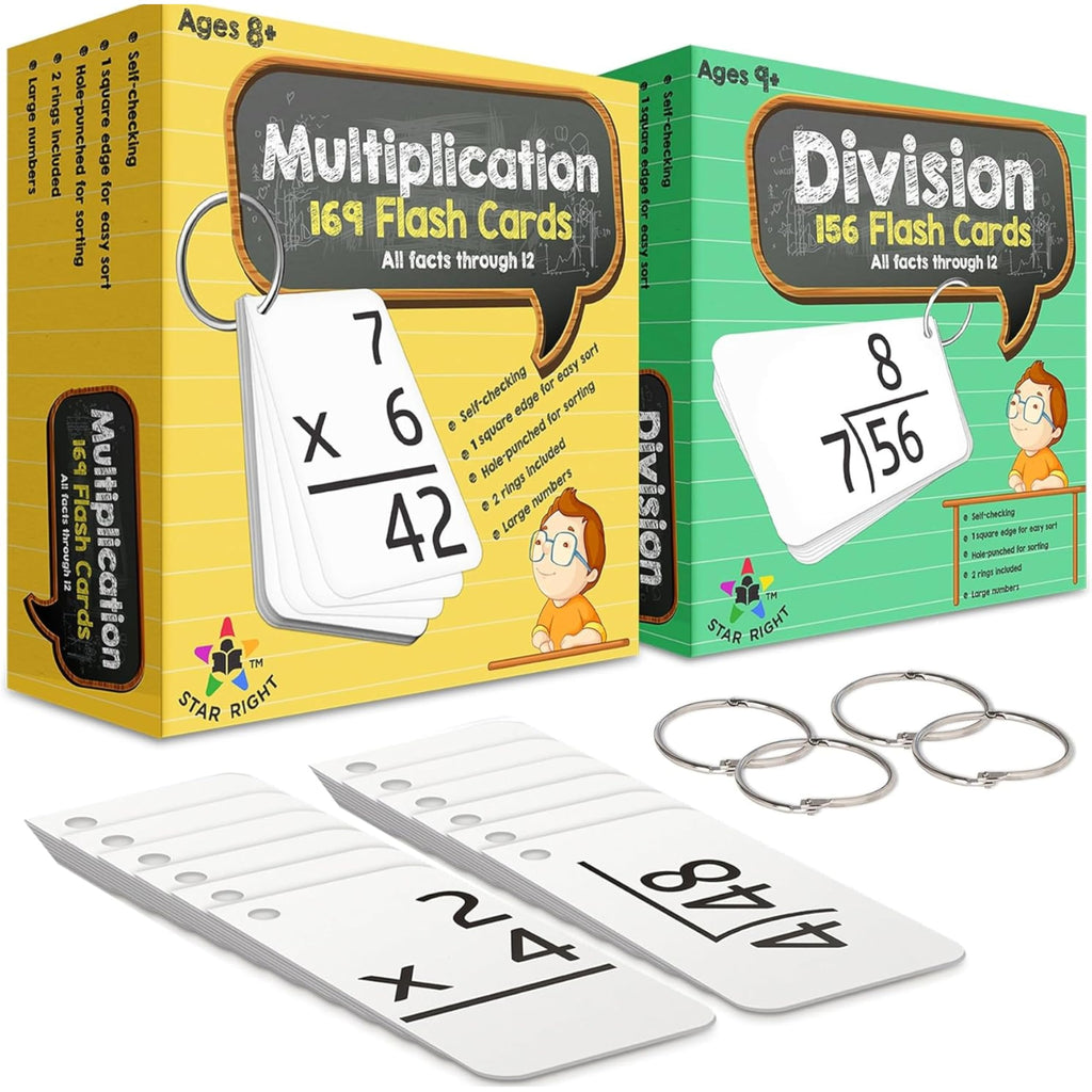 Star Right 325 Math Flash Cards - Multiplication and Division Flash Cards with 4 Metal Rings - Hole-Punched Math Flashcards for 3rd to 6th Grades - Ideal Math Game Practice Tool - 6.4 x 1.8 Inches