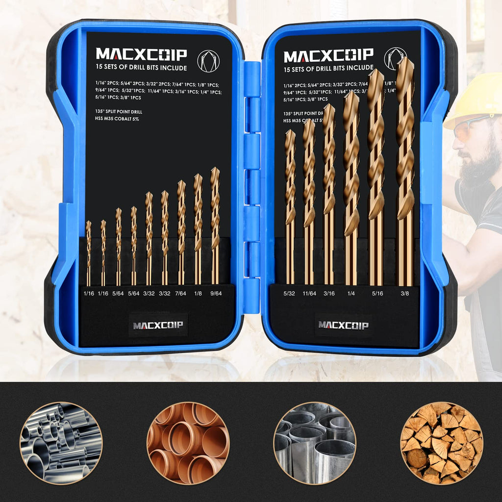 MACXCOIP Cobalt Drill Bit Set, 15Pcs M35 High Speed Steel Jobber Length Drill Bit Kit for Hardened Metal, Stainless Steel, Cast Iron, Wood and Plastic, with Index Storage Case, 1/16"-3/8"