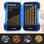 MACXCOIP Cobalt Drill Bit Set, 15Pcs M35 High Speed Steel Jobber Length Drill Bit Kit for Hardened Metal, Stainless Steel, Cast Iron, Wood and Plastic, with Index Storage Case, 1/16"-3/8"