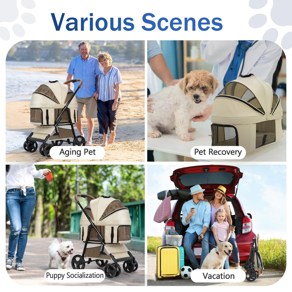 4 Wheels Pet Stroller for Small/Medium Dogs and Cats,Dog Stroller with Detachable Carrier and Storage Basket,One Click Folding,Compact Portable,Up to 50lbs,3 in1 Multifunctional(Grey)