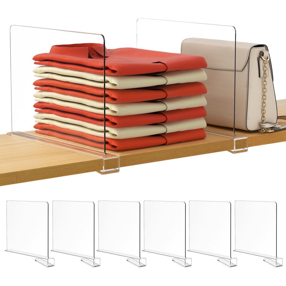 HBlife 6 Pack Closet Organizers and Storage, Clear Shelf Dividers, Vertical Purse Organizer for Closet Perfect for Sweater, Shirts, Handbags in Bedroom and Kitchen, Acrylic Bookshelf for Organization
