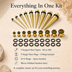 BodyJ4You 36PC Ear Stretching Kit - Complete Beginner Set Gauges for Ears 14G-00G - Goldtone Stainless Steel Tapers Single Flare Plugs Tunnels - Dead Stretching Lobe Men Women Expander Piercing