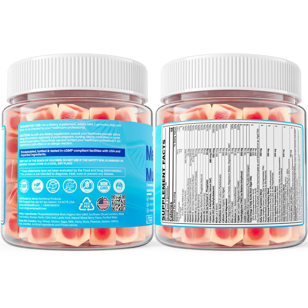 Methylated Multivitamin for Women & Men Gummies w/ Omega-3, Calcium, D3 K2, Methylfolate & B12, TMG, Daily Vitamin A, C, E, B Complex, Magnesium, CoQ10, Probiotic for Overall Health- Vegan, Sugar Free