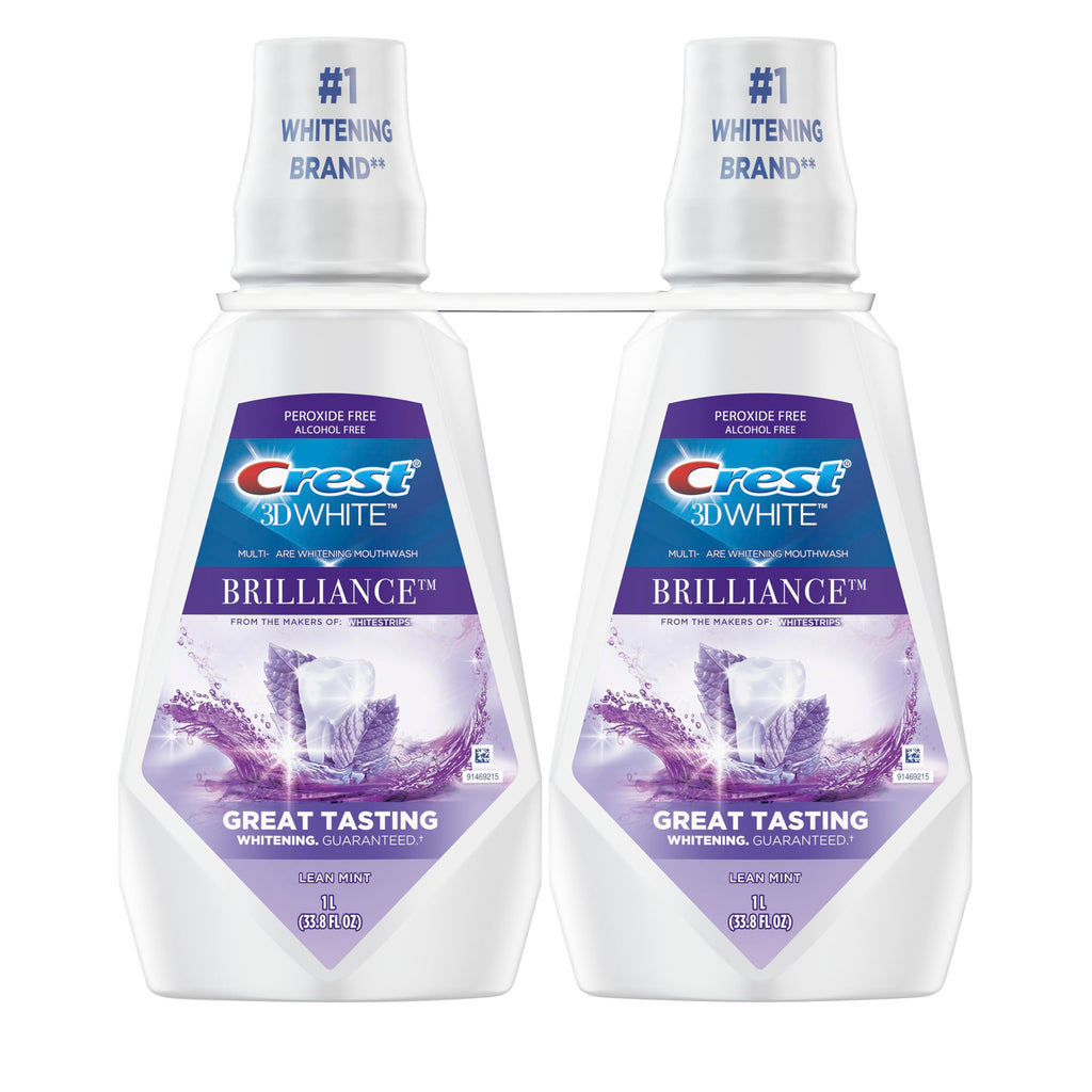 Crest 3D White Mouthwash, Teeth Whitening for Adults, 1L, 2 Pack, Alcohol Free Mouth Rinse, Breath Freshener, Antibacterial, Antiseptic, Bad Breath Treatment, Peroxide Free, Clean Mint