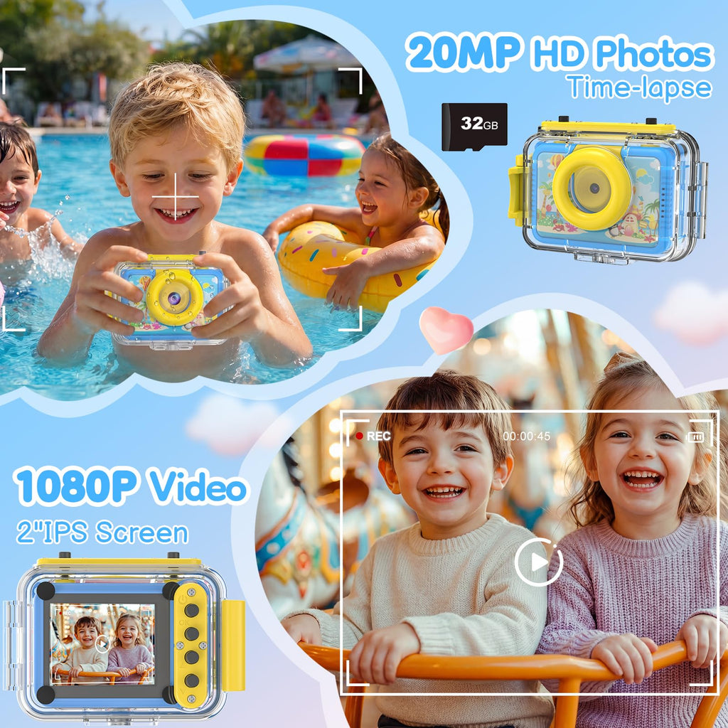 GKTZ Kids Waterproof Underwater Camera 1080P 4X Zoom 2"IPS Screen 32GB Card