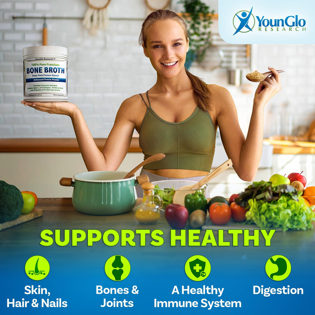 YounGlo Research - Bone Broth Beef Protein Powder - 1.25 lb / 20 oz, Unflavored - Made in USA - High Collagen & Gelatin from Grass Fed Bovine - Nutritious Marrow Benefits - Soups, Paleo & Keto Diets