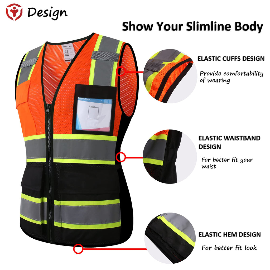ASIPHITU Reflective Safety Vest for Women High Visibility Security Vest with Pockets Zipper Front Work Vest with Reflective Strips Meets ANSI/ISEA Standards(W-OrangeBlack-L)