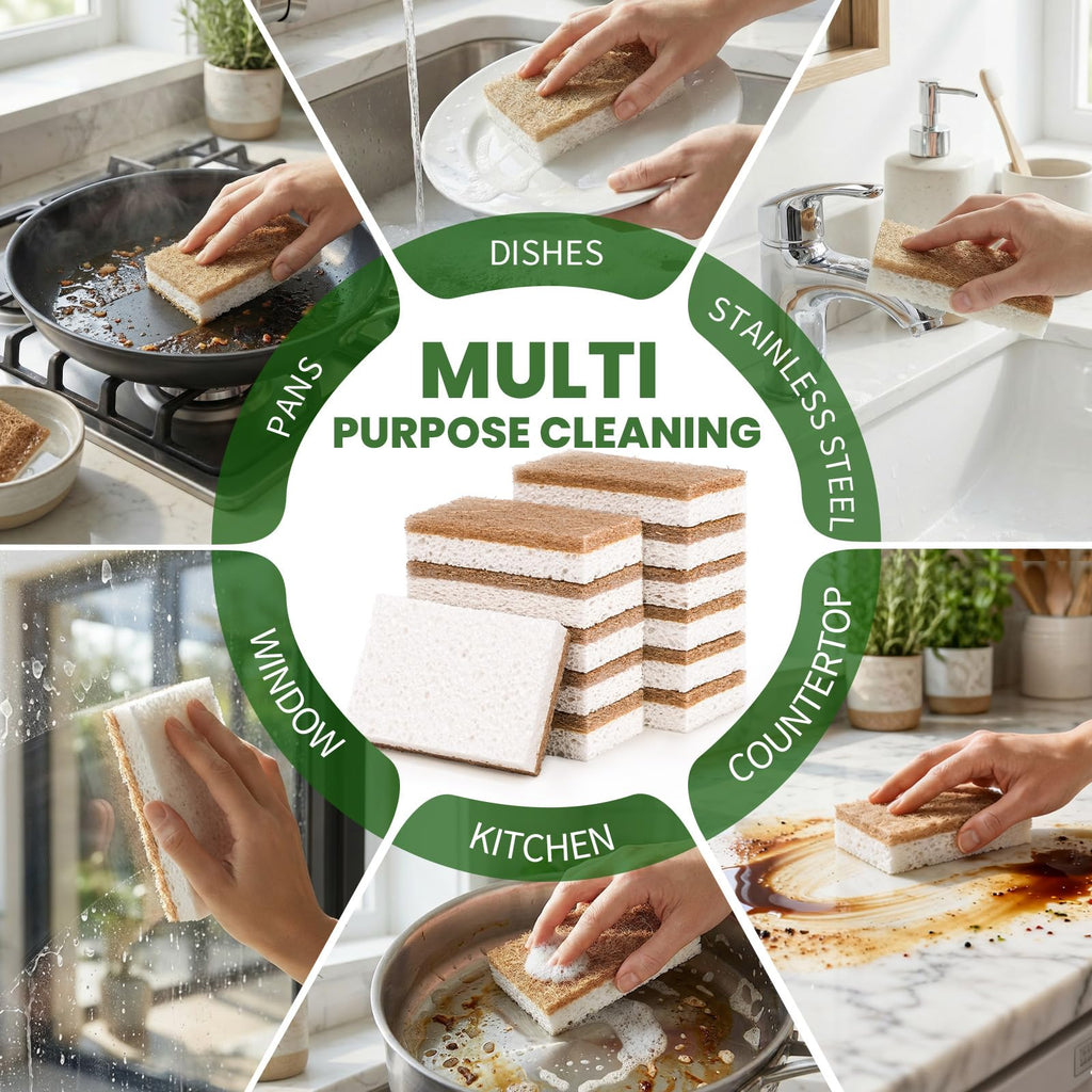 Metflavor Plant-Based Natural Kitchen Sponges,Biodegradable Non-Scratch Cellulose & Coconut Walnut Scrubber Sponge, Eco-Friendly & Sustainable (48 Pack)