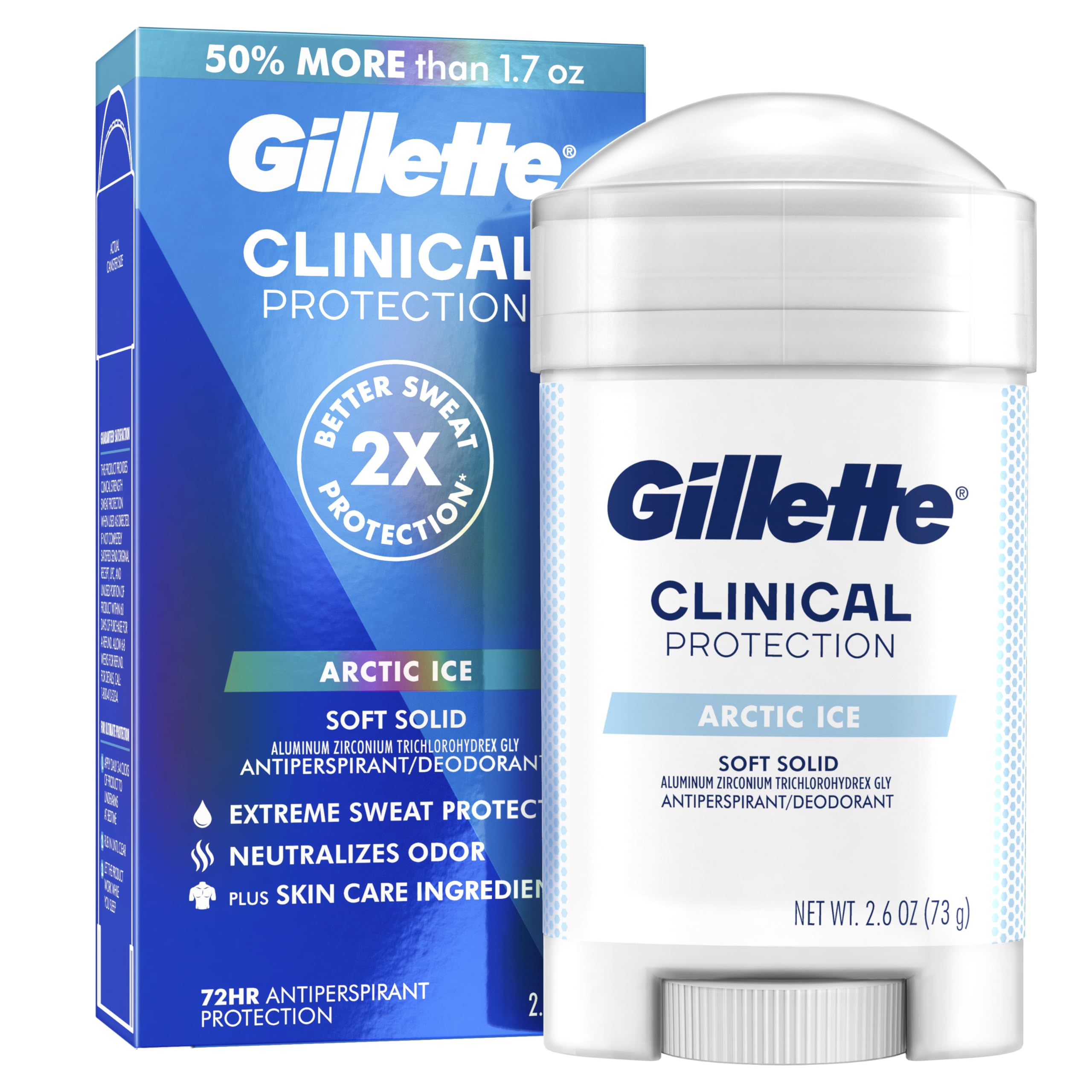 Gillette Clinical Antiperspirant and Deodorant for Men, 72hr Sweat & Odor Protection, Long Lasting Freshness, Anti-White Mark Technology, Soft Solid, Arctic Ice Scent, 2.6 oz