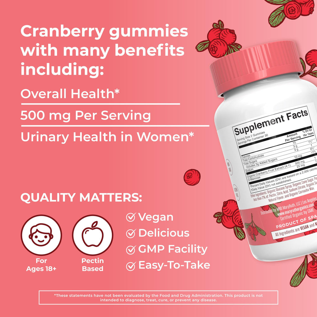 MaryRuth Organics Organic Cranberry Gummies - 500mg Supplement | Urinary Tract Health for Women | with D Mannose | Traditional Use | USDA Organic | Vegan | Non GMO | 30 Servings