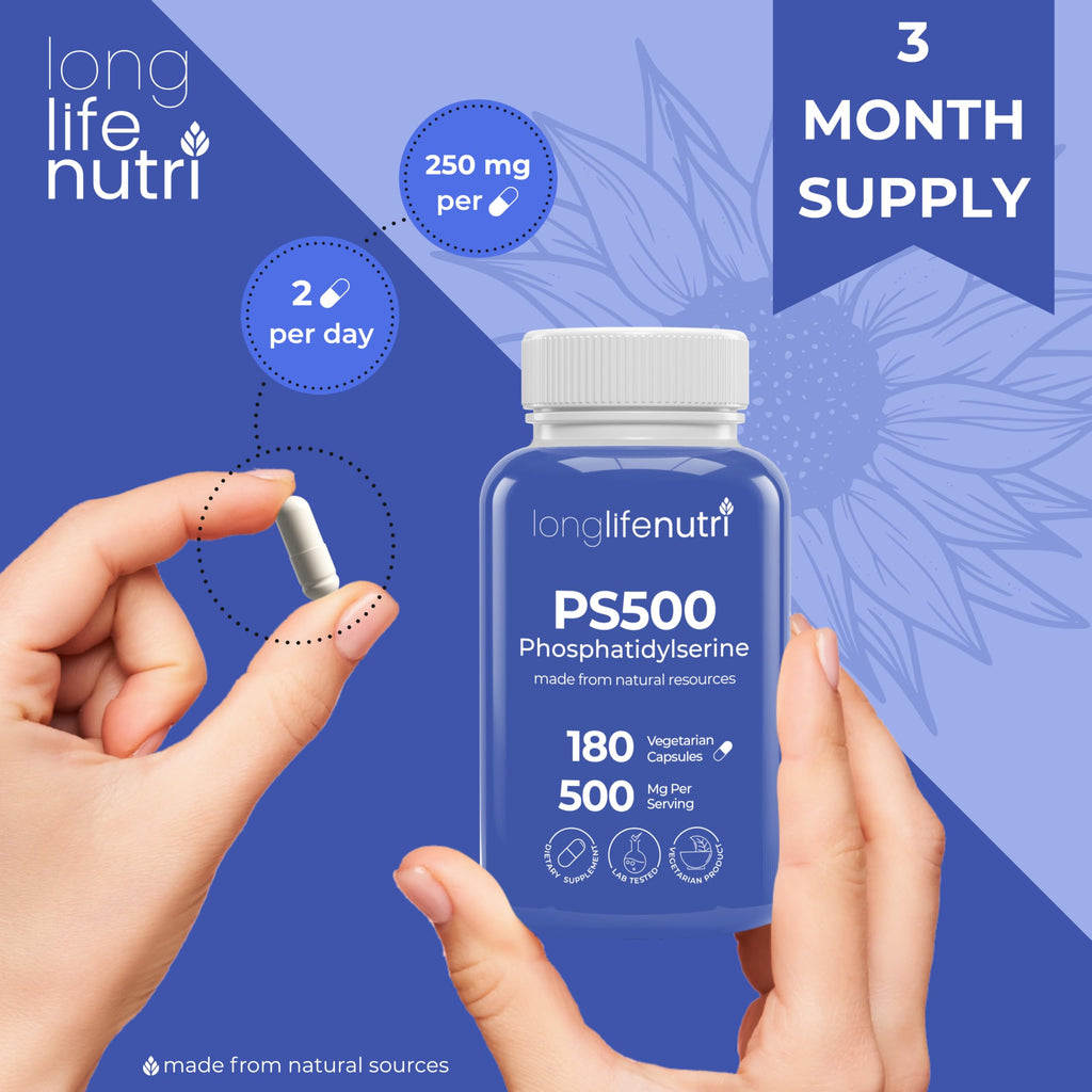 Phosphatidylserine Pure 500mg – 180 Vegetarian Pills, 3-Month Supply, Supplement for Strengthening Memory, Focus & Cognitive Function, Made in USA, Lab Tested, Non GMO