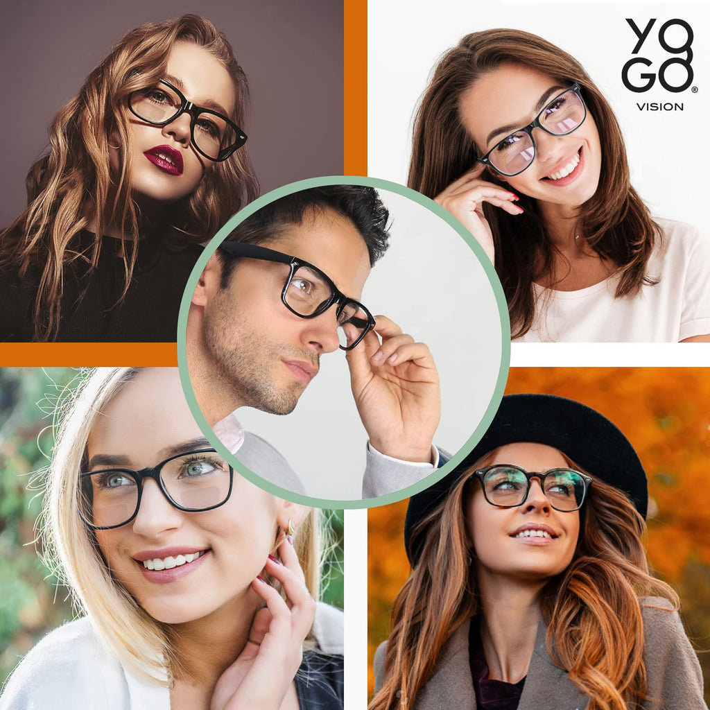 Yogo Vision Bifocal Reading Glasses for Women Men Rectangle Multifocal Readers Fashion Nerd Eyeglasses 3 Pack: Black, Clear, Grey Havana 2.5