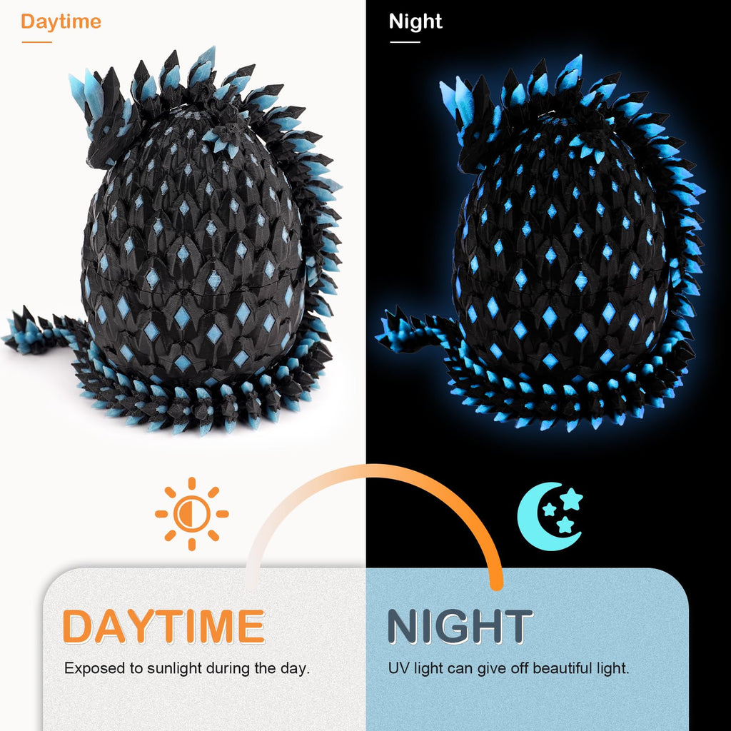 Waaaandefu 3D Printed Dragon Glow in The Dark with Matching Egg – UV Reactive 3D Printed Dragon Egg Set – Upgraded 2025 Collectible for Fantasy Fans