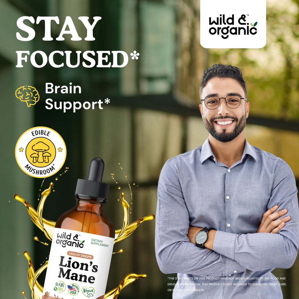 Wild & Organic Lions Mane Liquid Drops - Brain & Focus Support - 84-Day Supply - Lion's Mane Mushroom Supplement - Hericium Erinaceus Mushroom Drops - Sugar & Alcohol-Free Extract Tincture - 4 fl oz