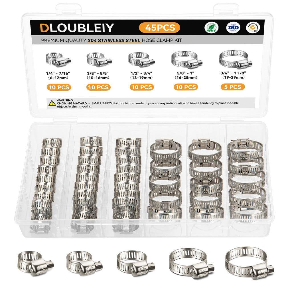 DLOUBLEIY 45PCS Hose Clamp Assortment Kit, Stainless Steel Worm Gear Clamps