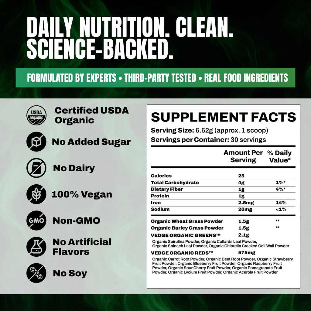 VEDGE Nutrition Organic Greens - Vegan Plant-Based Greens Superfood Powder - Drink Mix for Energy, Antioxidants & Recovery - Full Spectrum Greens for Athletes - 30 Servings - Mixed Berry Flavor