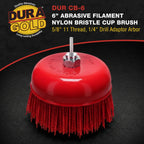 Dura-Gold 6" Abrasive Filament Nylon Bristle Cup Brush - 5/8" 11 Thread, 1/4" Hex Drill Shank Arbor, Coarse Grit Angle Grinder Brush for Truck Bed Liner Surface Prep, Sanding, Rust & Paint Removal